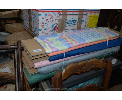 Six Bales of assorted Material, three vintage including Linda Beard 3.25m x 48" cotton fabric, 6.5m grey cotton fabric and 7m