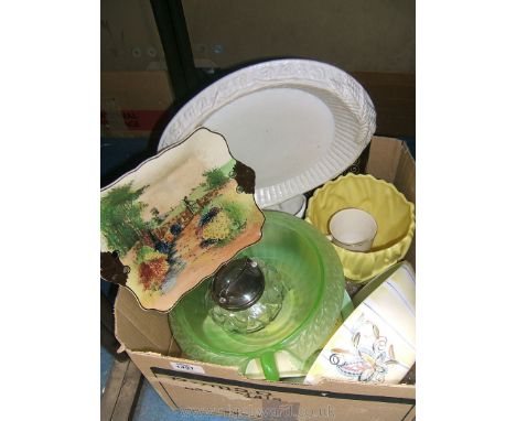 A Victorian china bread Dish 12" x 10", 1930's green glass dish, sugar bowl having lid with tongs, coronation cup, Sylvac Mag