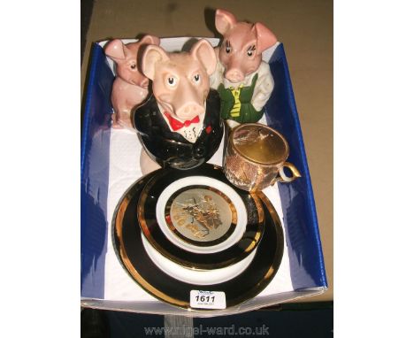 Three Wade Pig Money Boxes, two oriental plates and a small oriental teapot