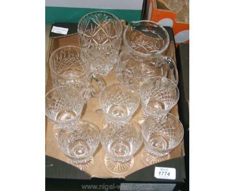 Six Stewart crystal wine glasses, a crystal Webb Corbett Water Jug and a crystal vase