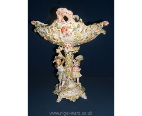 A fine Sitzendorf Dresden porcelain Compote c1905 depicting boy and girl playing around a decorative centre stem. 11" tall, 9