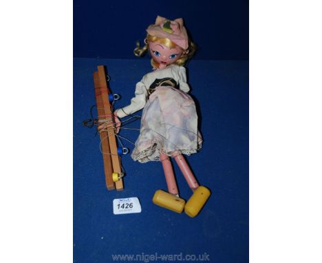 A Vintage Hand Made & Painted Stringed Puppet 'Mitzi' Pink Hat with Felt Primrose, Lace Trimmed Faded Floral Dress, Strings R