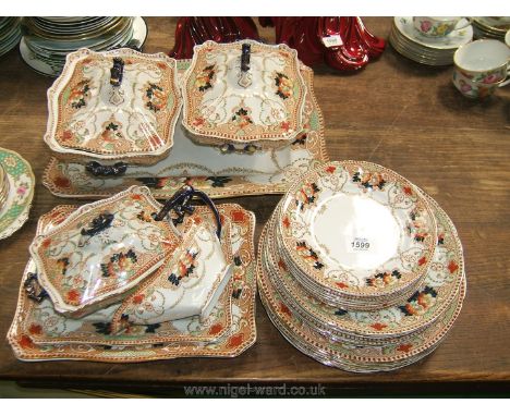 An F and Sons Burslem early 20th c. part Dinner service including three large serving platters, 6 x 9" salad plates, 6 x 10.5