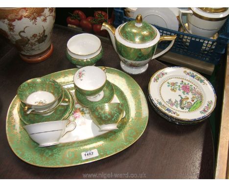 A quantity of Minton 'Brocade' china including teapot, cups and saucers, sugar bowl and meat plate, green and gilt banded wit