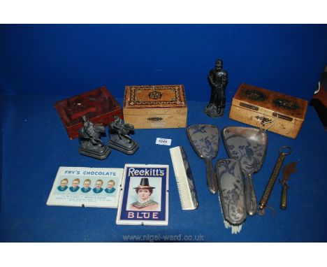 A quantity of miscellanea including three boxes (as found), a dressing table brush set, Salters Scales, Trench Art paper knif