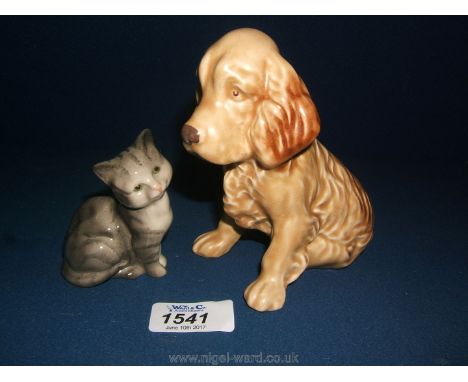 A Sylvac fawn/brown sitting Spaniel Dog and a small Beswick sitting grey tabby Kitten