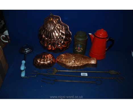 A Brioche mould, a fish mould, toasting forks, a Jackson of Piccadilly tin, enamel coffee pot, etc.