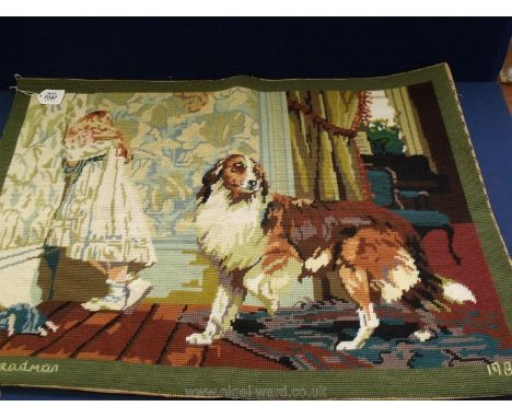 A Tapestry of a little girl and a dog.