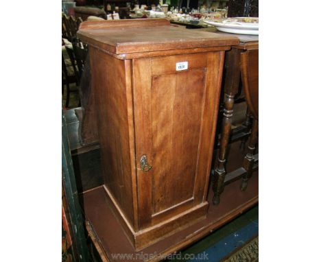 A 19th c. Walnut Pot Cupboard, rectangular moulded edge top with upstand back, rectangular panel door opening to reveal singl