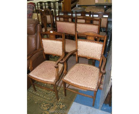 A good seven-piece Edwardian Mahogany Salon Suite comprising four dining chairs, two elbow chairs and a two seater sofa, all 