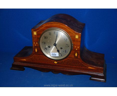 An elegant Edwardian Mahogany mantle Clock, dome top case with swept sides, geometric pattern inlay to the front, circular al