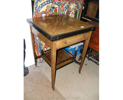 A 19th c. Inlaid Rosewood Envelope Card Table with Galleried Stretcher Shelf, Frieze Drawer, ebonised Detail and Adam Style D