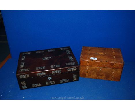 A small Workbox with tunbridge decoration and a Rosewood veneered Writing Slope with mother of pearl inlay, for restoration.