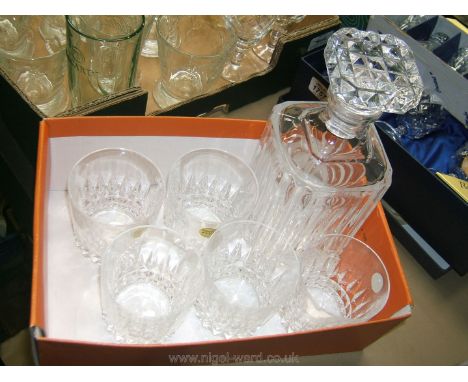 A cut glass square Decanter and five matching cut glass glasses by Crystal d'arques.