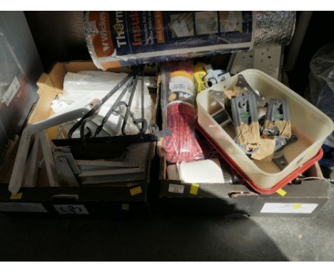 Two boxes of shelf brackets, rope, electrical fittings, tent pegs, roll of insulation etc  