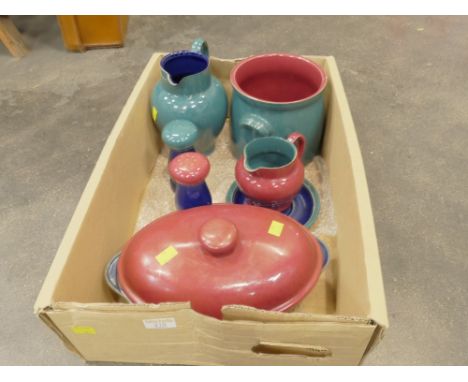 Denby Harlequin pattern tureen, jug, salt, pepper, utensil holder, milk jug etc