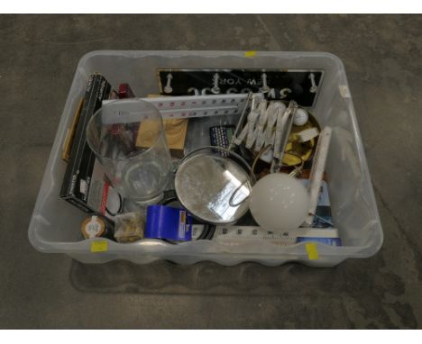 Box of light fittings, coat rack, thermometers, magnifying glass etc