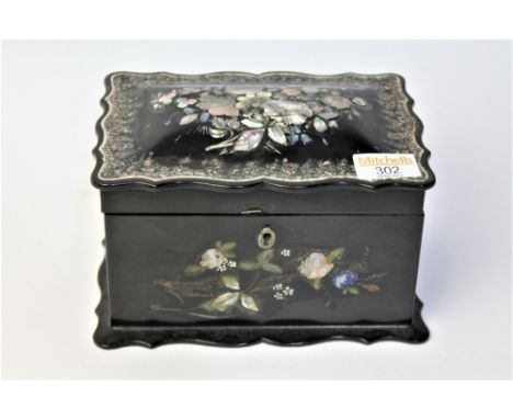 Victorian papier mache and mother of pearl inlaid tea caddy, 12.5 cm high, 20 cm wide, 14 cm deep