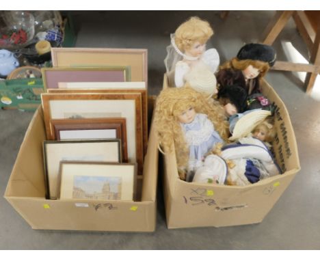 Two boxes of pictures, prints and collectors dolls