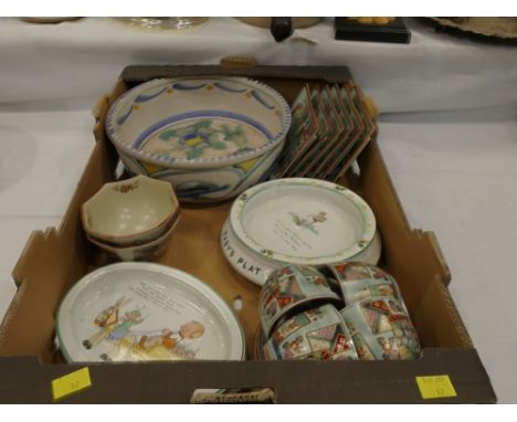 Two Shelley baby's plates, oriental part tea set and Honiton Pottery bowl