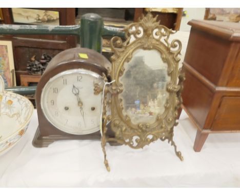 Brass dressing table mirror, 30 cm high x 17 cm wide, and Smiths Enfield Bakelite mantle clock