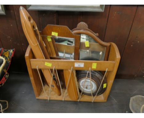 Wooden magazine rack, dressing mirror, brush set, barometer and thermometer