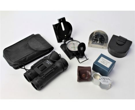 Set of travel binoculars, diamond loop, travel clock and compass