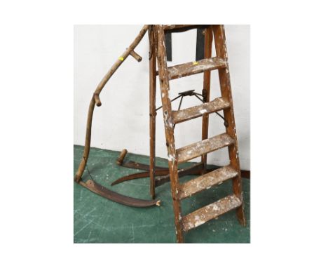 Vintage wooden step ladders, scythe and scythe blades (AF)
