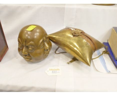 Oriental brass four faced of Buddha statue and brass purse with chain
