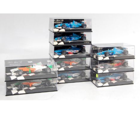 Minichamps 1/43rd scale Formula 1 racing car group, 10 example, to include Force India and Benetton, examples to include Bene