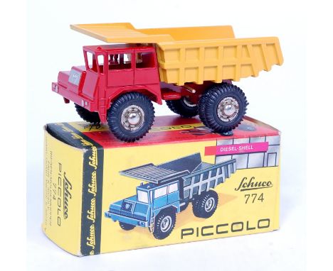 Schuco Piccolo No.774 1/90th scale Fawn Quarry Dump Truck, red cab yellow metal back, cast hubs, in the original pictorial al