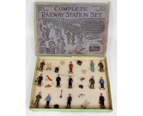 Britains Set 158, "Complete Railway Station Set", 1908 version comprising of Station Master, Ticket Inspector, 2 Porters to P