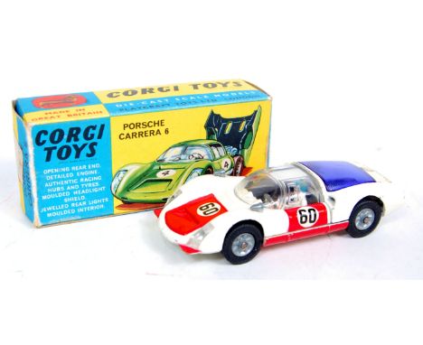 Corgi Toys, 330, Porsche Carrera 6, white body, red bonnet and doors, racing number 60, cast hubs, blue engine cover, in the 