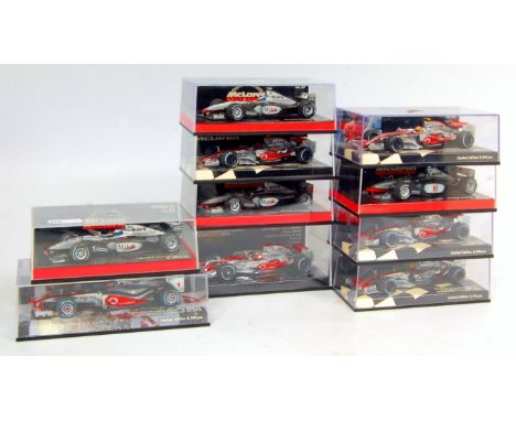 Minichamps 1/43rd scale Formula 1 Mclaren Mercedes Racing Car Group, 10 boxed examples, to include MP 4/14 M.Hakkinen, MP4-22