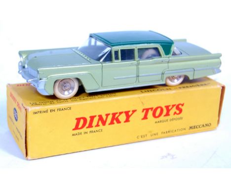French Dinky No.532 Lincoln Premier, light metallic green body, dark green roof, silver trim, chrome convex hubs with white s