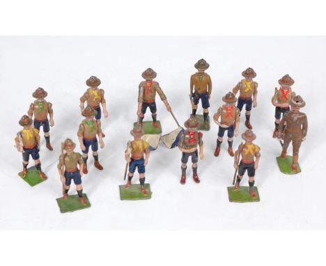 Britains Boy Scouts and Scout Master Figure Group, 14 examples to include 3 Boy Scout "Lookouts", 2 Standing Scout Boys with 
