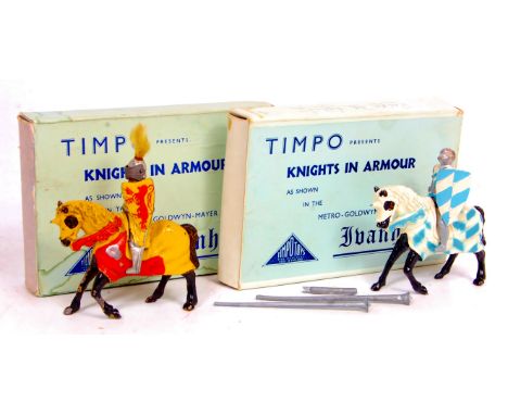 Timpo Ivanhoe Series of Mounted Knights Group, 2 boxed examples to include KN69 Mounted King Arthur, yellow and orange exampl