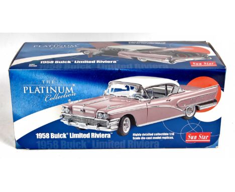 Sun Star 1/18th scale diecast model of a 1958 Buick Limited Riviera "The Platinum Collection", finished in dark metallic blue