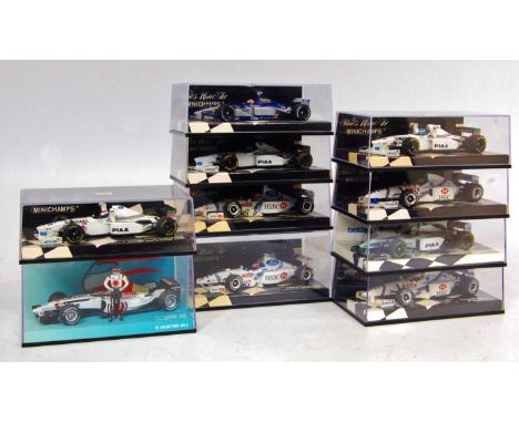 Minichamps 1/43rd scale Formula 1 racing car group, 10 examples, Ford and BAR Honda included, specific examples include Tyrre