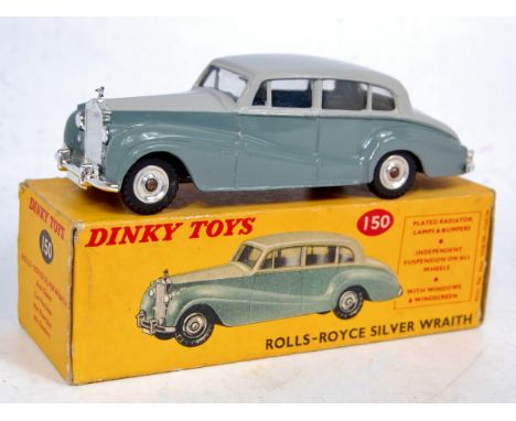 Dinky Toys, 150 Rolls Royce Silver Wraith with light grey upper body and dark grey lower, in the original yellow and red pict