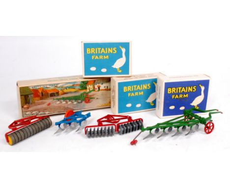 Britains Farm Series Duck Egg Boxed Farming Implement Group, 4 Boxed Examples, to include No.173F 3 Furrow Plough (M-BNM), No