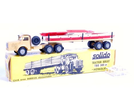 Solido No.300 Berliet TBO 300 CV "Petrolier", sand coloured cab with matching trailer bed, grey plastic with white and red "D