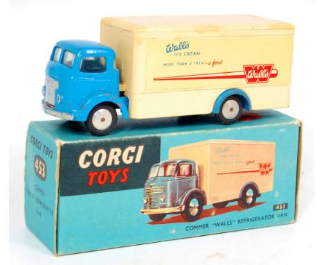 Corgi Toys, 453 Commer 'Walls' refrigerator van, light blue cab, cream back, cast roof, flat spun hubs, in slightly worn all 