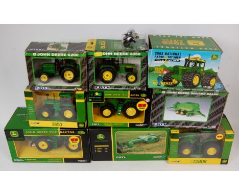 Britains and ERTL 1/3nd scale tractor and farming implement group, 10 boxed or carded examples to include Britains No.42713 J