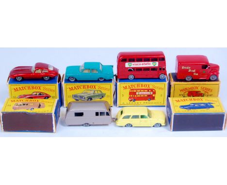 Matchbox Regular Wheels Boxed diecast group, 6 examples to include No.5 Routemaster Bus "Visco-Static" with GPW, E Type Box (