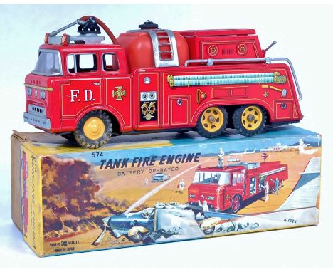 Bandai (Japan) tinplate and friction drive No.674 Tank Fire Engine, red body with detailed tin printed sides, with bung and h
