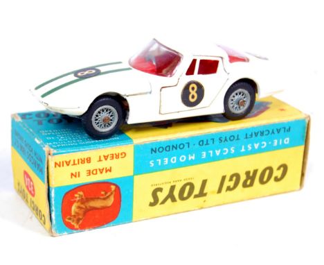 Corgi Toys 324, Marcos 1800 GT Volvo with engine, white body, red interior with 2 green bonnet stripes with RN8 numbers, very