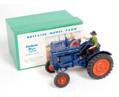 Britains, 128F, Fordson Major tractor with driver, dark blue body, orange wheels and black rubber tyres, with driver, in orig