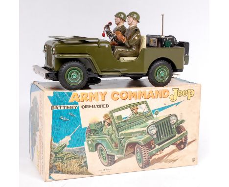 Nomura of Japan, tinplate and battery operated Military army command jeep, comprising of dark military green jeep with driver