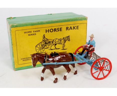 Britains No.8f "Home Farm Series",  pre-war Horse Rake, light blue rake with red spoked wheels, brown horse with driver, in t